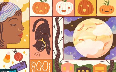 drawing of various halloween things, a full moon, a cat, pumpkins