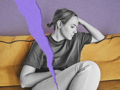 woman looking stressed on the couch with a big purple rip through the photo