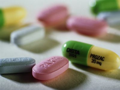 Prozac, Paxil and Zoloft anti-depressant tablets, close-up