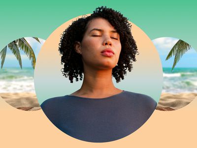 Woman meditating against a beach backdrop