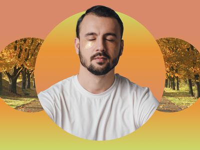 Man with undereye masks meditating against a fall backdrop