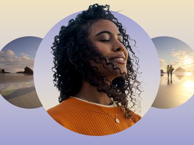 Woman meditating and smiling against a beach backdrop