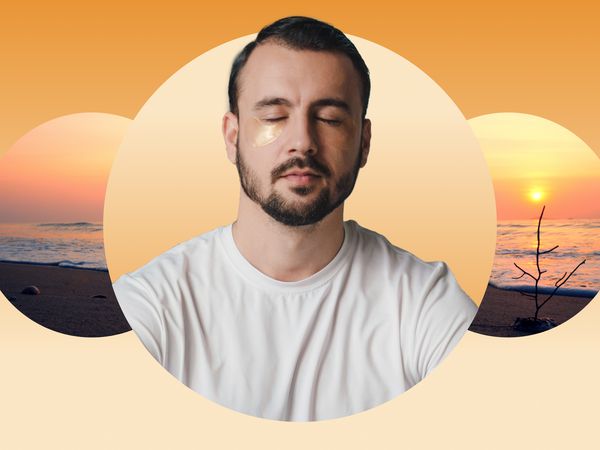 Man meditating against a sunset beach backdrop