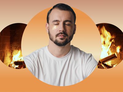 Man meditating against a backdrop of a fireplace