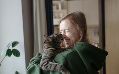 Smiling woman in the green sweater hugs her cat tenderly in the spacious room. Tabby grey pet bites girl's nose. Soft daylight illuminate them gently through the window.