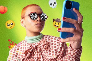 photo composite of girl holding her phone with swirls in her eyes and emojis floating behind her