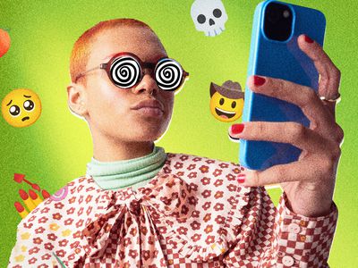 photo composite of girl holding her phone with swirls in her eyes and emojis floating behind her