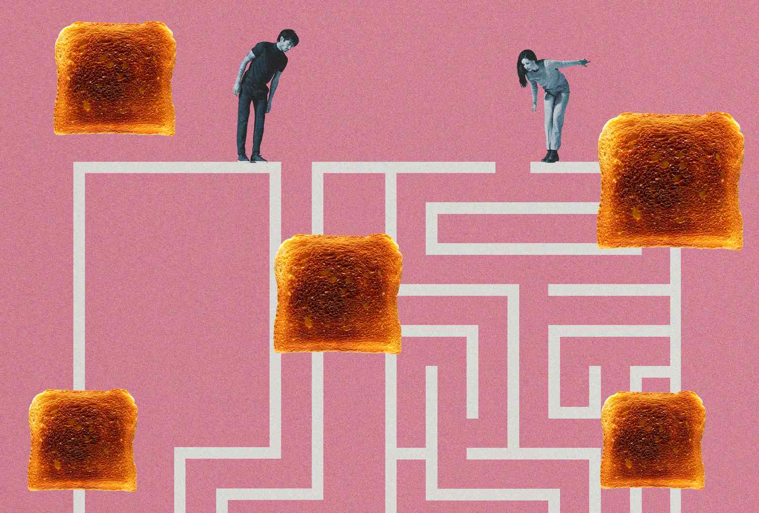 Two people navigating a maze with burnt toast slices