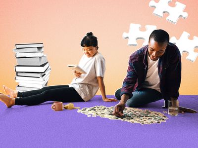 A couple sitting on the ground reading and doing a puzzle, colorful photo composite