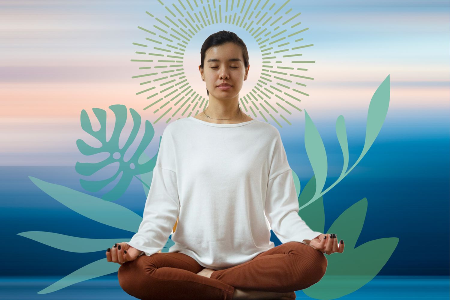 woman meditating in front of nature imagery