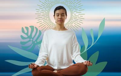 woman meditating in front of nature imagery