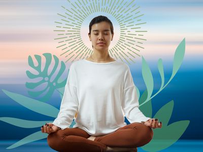 woman meditating in front of nature imagery