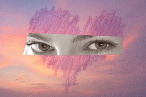 original photo composite of a rectangle only showing a woman's eyes amidst a crayon scribbled heart and pink sunset background