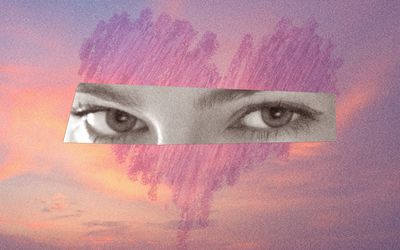 original photo composite of a rectangle only showing a woman's eyes amidst a crayon scribbled heart and pink sunset background