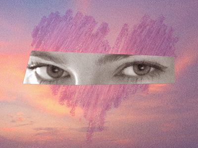 original photo composite of a rectangle only showing a woman's eyes amidst a crayon scribbled heart and pink sunset background