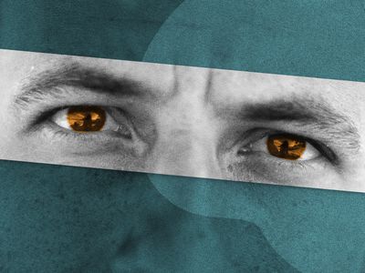 teal background with a man's eyes in overlay. 