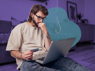 Original photo composite of man on his computer holding a credit card with a fishing hook in front of him