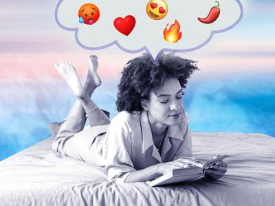 a woman on her elbows reading a book with a thought bubble above her head and emojis coming out of it 