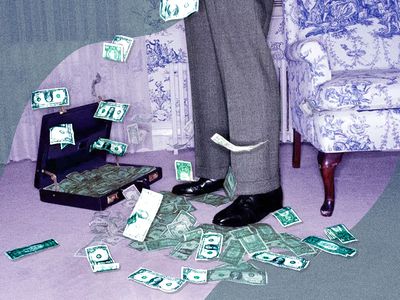 Dollar bills spread out across the floor and in a suitcase