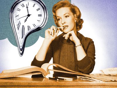 Woman with melting clock in the background