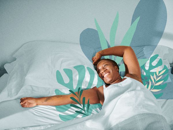 Woman lying in bed with illustrated plants growing around her