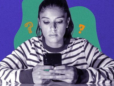 woman looking down at her phone with question marks in the background 