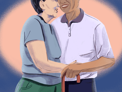 Elderly couple embrace