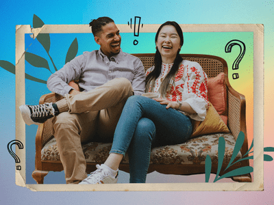 colorful photo composite of couple on a couch on a date