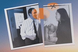 Photo composite of a man and a woman talking at the water cooler. 