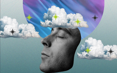 Man closing eyes with clouds surrounding his face